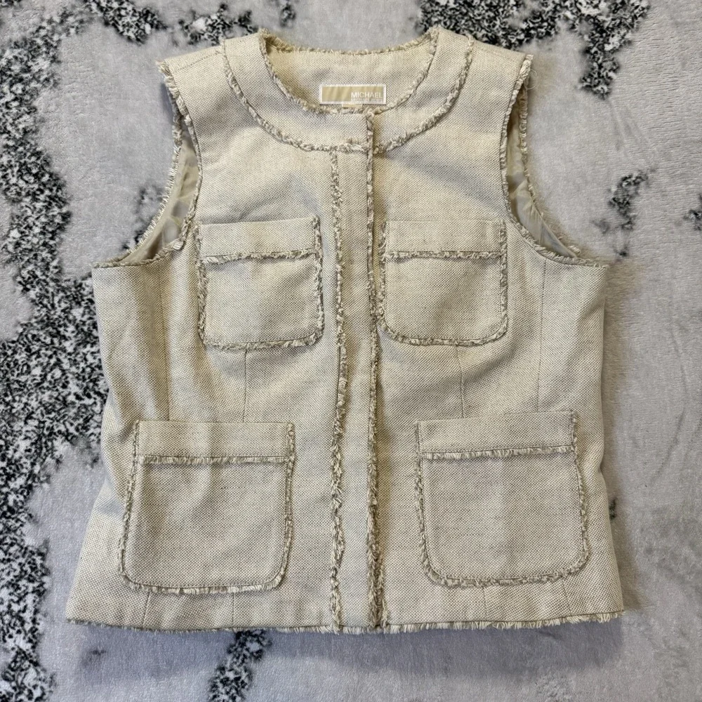 Michael Kors Vest‎ Womens Size 8 Beige Linen Cotton Blend Twill Frayed Trim